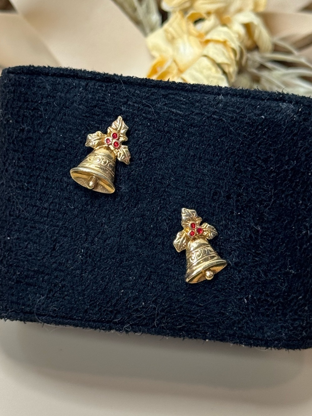 Vintage Gold Tone Christmas Bell Holly Red Rhinestone Stud Earrings